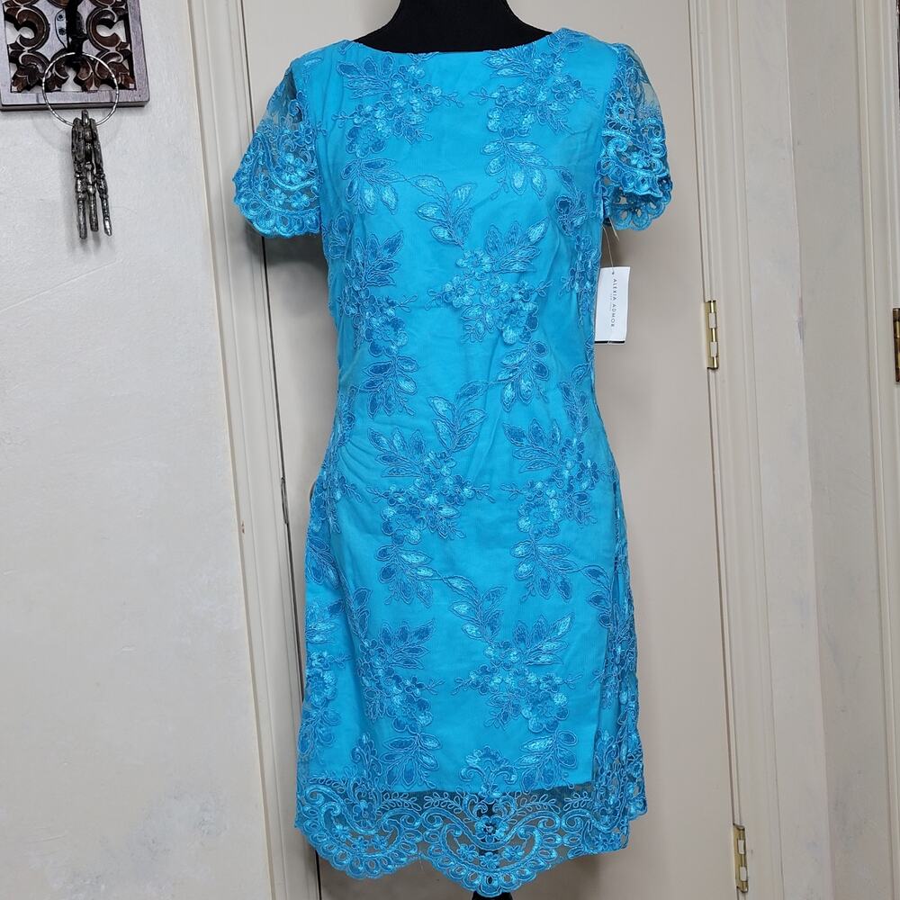 NWT Alexia Admor New York Aqua Lace Short Sleeve Knee Length Formal Dress✨️S
